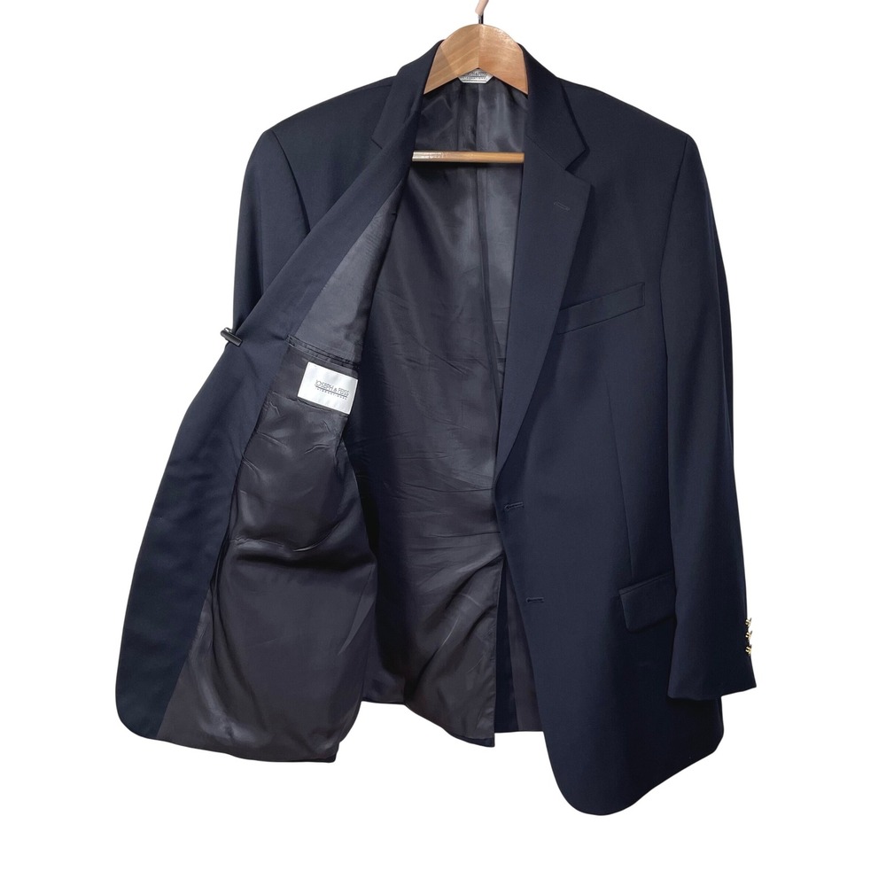 Joseph & Feiss‎ Mens Navy Blue 100% Worsted Wool Blazer Gold Crest Buttons 44L